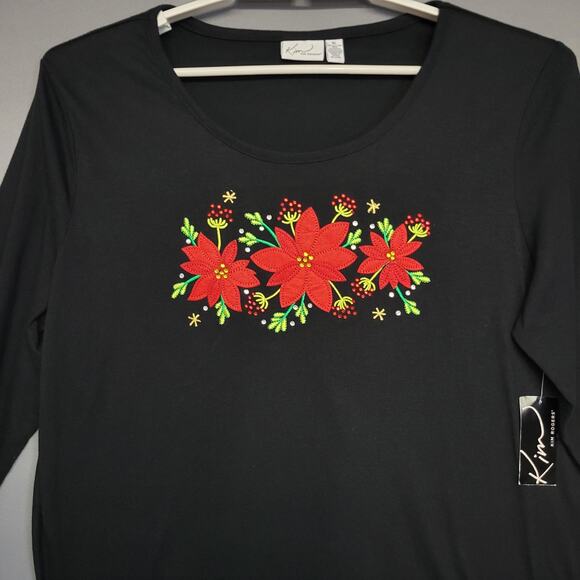 Kim Rogers Shirt Womens XL Black Long Sleeve Poinsettia Embroidered Christmas - Picture 5 of 12